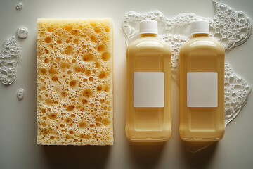 Top view of sponge next to a light detergent bottles with blank labels on a light background in beige colors. Commercial use. Sponge with cleaning agent with soap bubbles.