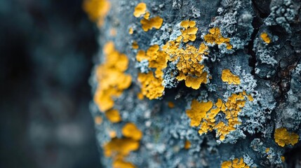 Close-up of a rock surface covered in small, yellow lichen. the lichen is spread across the rock in a random pattern, with some overlapping each other.