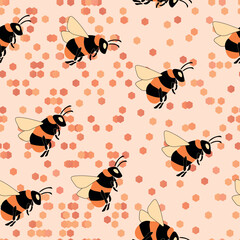 Seamless pattern with bees. Small wasp. Vector illustration. Design for invitation, cards, textile, fabric. Doodle style.