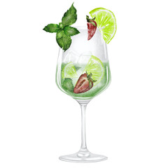 Mojito in a glass watercolor drawing. Hand drawn illustration of alcoholic drink with ice, lime and mint on white background. Clip art of drinks. Ideal for bar and restaurant menu on the beach.