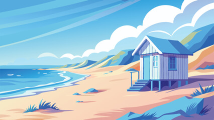 Beach cottage on the seashore. Vector cartoon illustration.