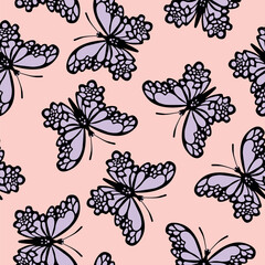 Seamless pattern with funny colorful Butterflies, flowers. Color flat vector illustration for invitation, poster, card, textile, fabric. Butterfly graphic design print. Trendy animal motif wallpaper.