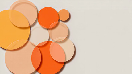 A minimalist abstract composition featuring overlapping circles in various shades of peach, coral, and cream against a pure white background