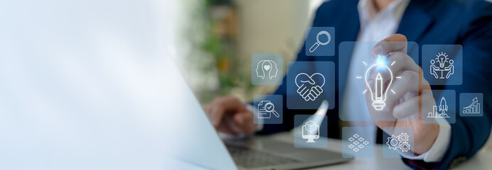 Design Thinking Process concept. Interacting with virtual icons of the design thinking process, a solution-focused, problem-solving methodology used for innovation and strategic development.