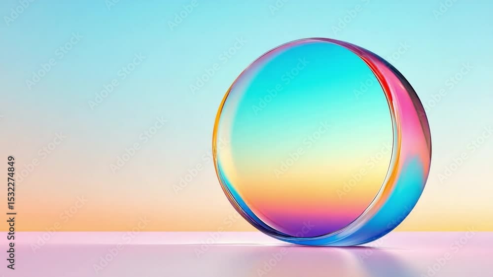 Poster glass circle abstract: a vibrant, iridescent glass circle rests on a pastel surface, reflecting a co