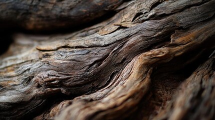 Close-up of a piece of driftwood. the wood appears to be weathered and aged, with deep grooves and knots visible.