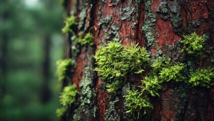 Close-up of a tree trunk's textured bark, richly colored reddish-brown, with vibrant green moss patches clinging to its surface.  A blurred forest backdrop suggests a damp, humid environment