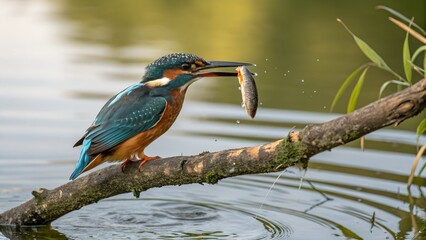 A close-up of a kingfisher perched on a branch, its wet feathers shimmering in the light