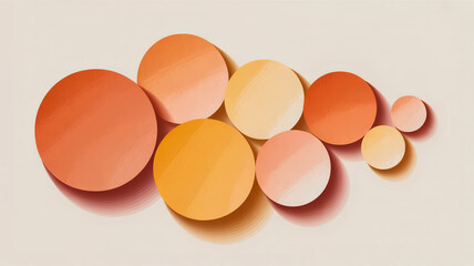 A minimalist abstract composition featuring overlapping circles in various shades of peach, coral, and cream against a pure white background