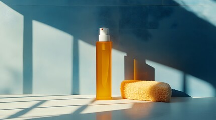 Amber glass bottle and loofah on a white surface.