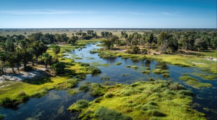 Obraz premium Serene River Flows Through Verdant Forest Canopy