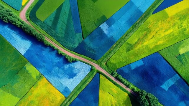 Top-down aerial view showing a vivid abstract pattern of green farmland and bright blue panels intersected by a narrow road, creating strong geometric contrast in a natural landscape.