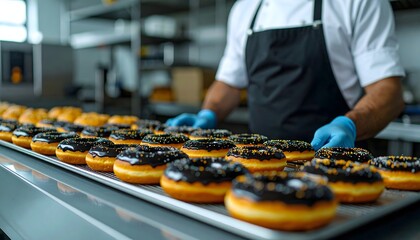 Faceless Barista Arranging Black and Orange Donuts on Tray