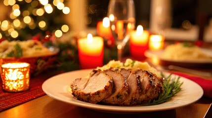 Festive dinner setting featuring sliced herb-crusted turkey with sides, candles, and a Christmas tree