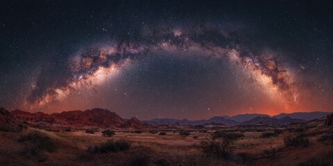 Fototapeta premium A panoramic view of the Milky Way arching over a desert landscape at twilight, with reddish-brown mountains silhouetted against the star-filled sky