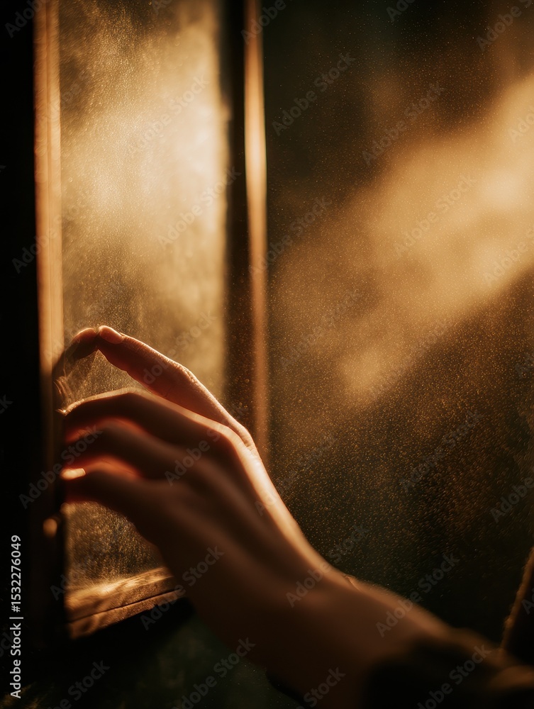 Poster a soft hand reaching towards a dusty window, illuminated by warm sunlight filtering through
