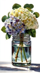 A charming watercolor illustration of a mixed hydrangea bouquet with white, purple, and yellow blooms in a glass jar. This vibrant artwork captures floral beauty and simple home decor.