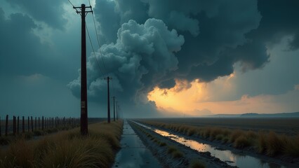Obraz premium Stormy sky with a few clouds and a tall power line. The sky is dark and the clouds are thick