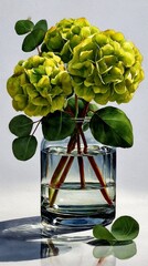 A vibrant watercolor illustration of lush green hydrangea flowers in a clear glass vase. This refreshing artwork captures the beauty of cut flowers and simple home decor.