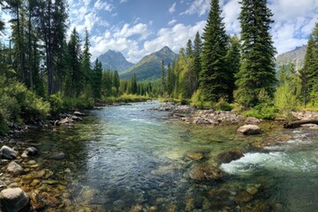 Obraz premium Panoramic view of a pristine river flowing through a rocky, forested valley, with clear water and majestic mountains in the background under a partly cloudy sky