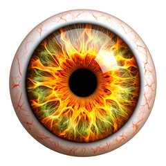 Surreal flaming eye with fiery iris isolated on transparent or white background 