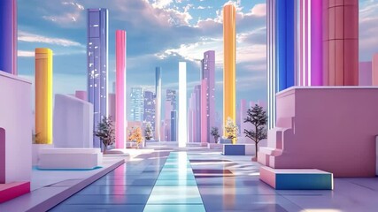 Colorful cityscape with buildings, columns, and trees in pastel tones under blue sky. - Powered by Adobe