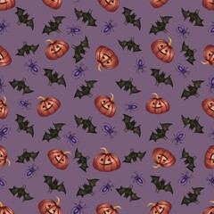 Seamless Halloween pattern with smiling pumpkins, flying bats, and spooky purple spiders on a violet background. Perfect for party decor, fabrics, wrapping paper, and festive designs