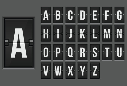 Mechanical flap display showing the alphabet. Useful for transportation schedules, information boards, and retro designs with a vintage aesthetic.