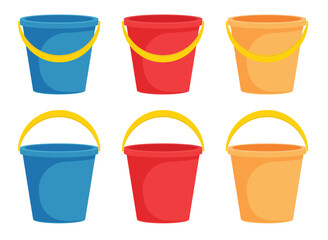 Colorful buckets in blue, red, and orange with yellow handles are arranged in a visually appealing pattern against a white backdrop.