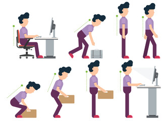Illustrations demonstrating correct posture for sitting, walking, lifting, and computer use, promoting ergonomic practices and spine health.
