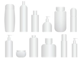 Assorted blank white cosmetic containers representing a collection of skincare or personal care product packaging options for various product forms.
