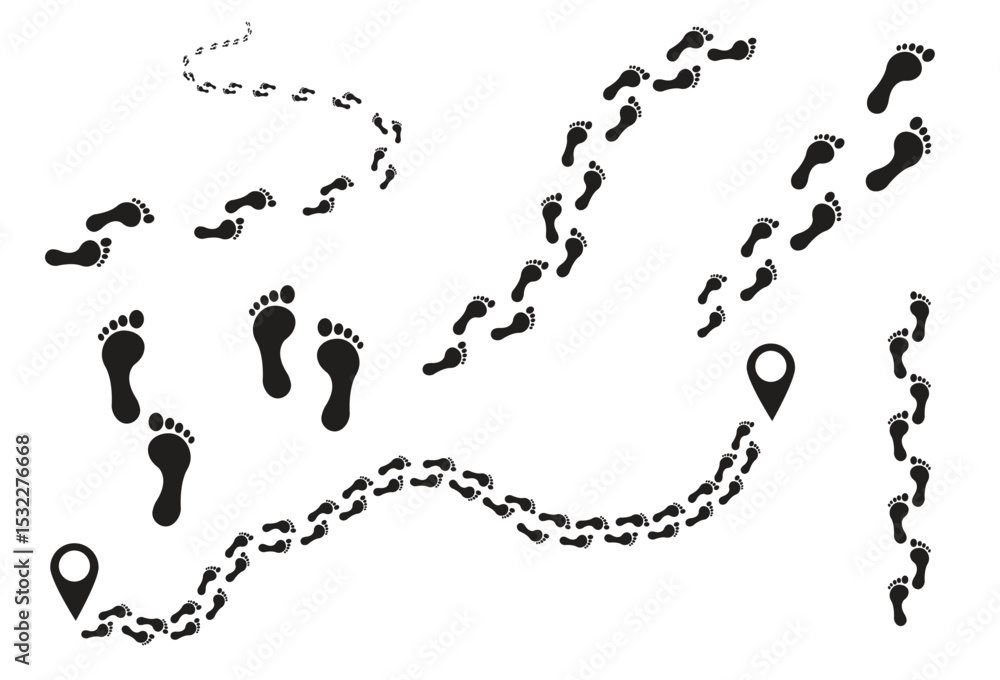 Poster footprint trails, representing different paths or journeys, marked by start and end points, ideal fo