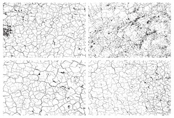 Four textures show cracked surfaces, resembling dried earth, offering a grunge or distressed look for artistic and design applications.