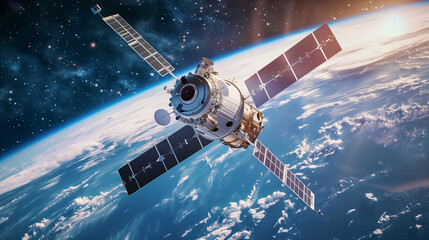 Fototapeta premium Satellite refueling in orbit with dispersing metallic particles, showcasing orbital sustainability innovation 