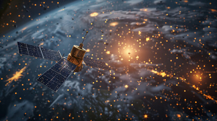Satellite refueling in orbit with dispersing metallic particles, showcasing orbital sustainability innovation
