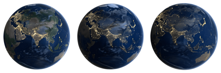 Set For Three views of earth at night, isolated on transparent background