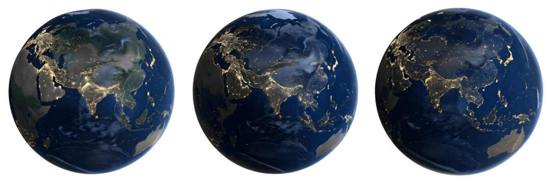 Set For Three views of earth at night, isolated on transparent background - Powered by Adobe