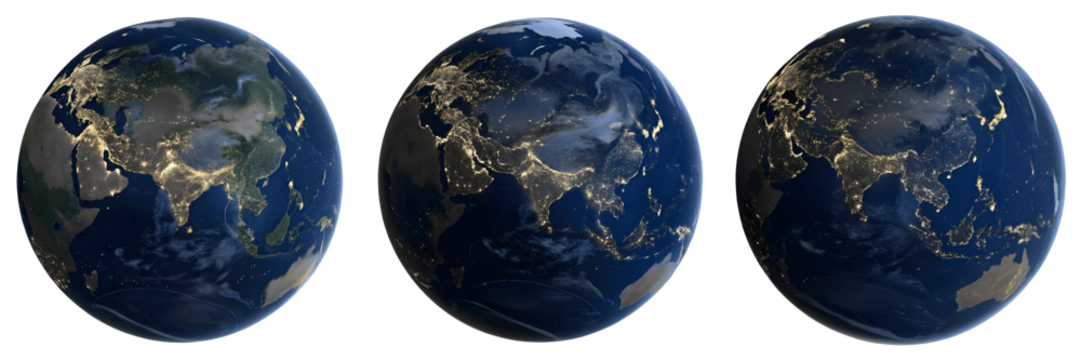 Set For Three views of earth at night, isolated on transparent background - Powered by Adobe