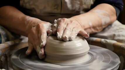 Close up of skilled artisan hands molding wet clay on a spinning pottery wheel creating ceramic art