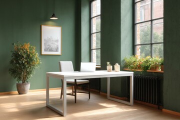 Modern Minimalist Home Office with Green Walls