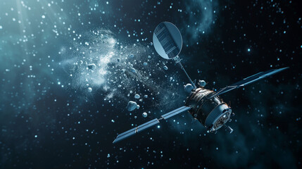 Satellite refueling in orbit with dispersing metallic particles, showcasing orbital sustainability innovation
