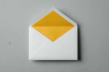 A white envelope with a partially visible, bright yellow inner lining sits on a neutral gray background