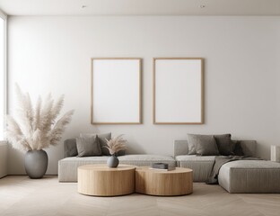 Minimalist living room with light grey sectional sofa, two wood coffee tables, pampas grass accents, and two blank framed posters on a white wall
