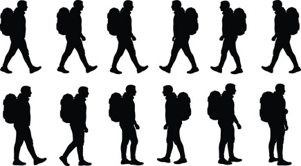 Silhouette sequence of backpacking man walking forward, vector illustration for travel concept, journey animation, outdoor activity design asset