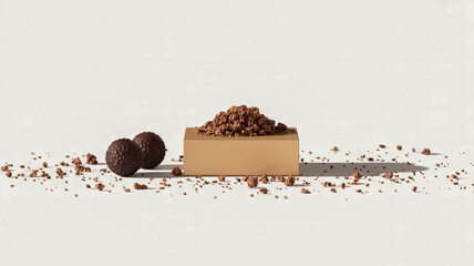 A minimalist product photography composition on a pure white background