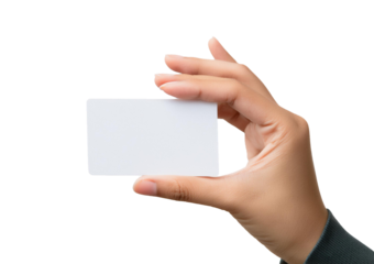 Closeup empty female hand holding invisible business card isolated on transparent or white background