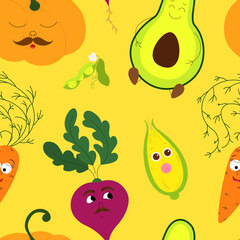 Cartoon Vegetable Characters Seamless Pattern
