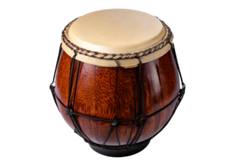 Damaru drum percussion instrument with a handle isolated on transparent or white background