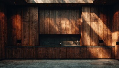 Sun-drenched minimalist kitchen with dark wood cabinetry, stone counters, and recessed lighting, showcasing a serene and sophisticated design