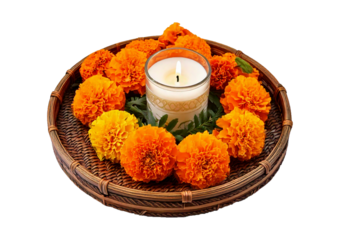 Decorative tray with marigold flowers and candle isolated on transparent or white background